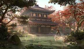 A screenshot from Assassin's Creed Shadows, showingYasuke, the secondary protagonist, training with his sword in the middle of a pond, in front of a temple.
