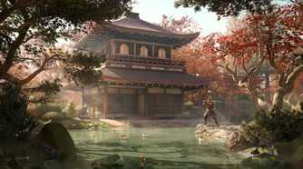 A screenshot from Assassin's Creed Shadows, showingYasuke, the secondary protagonist, training with his sword in the middle of a pond, in front of a temple.