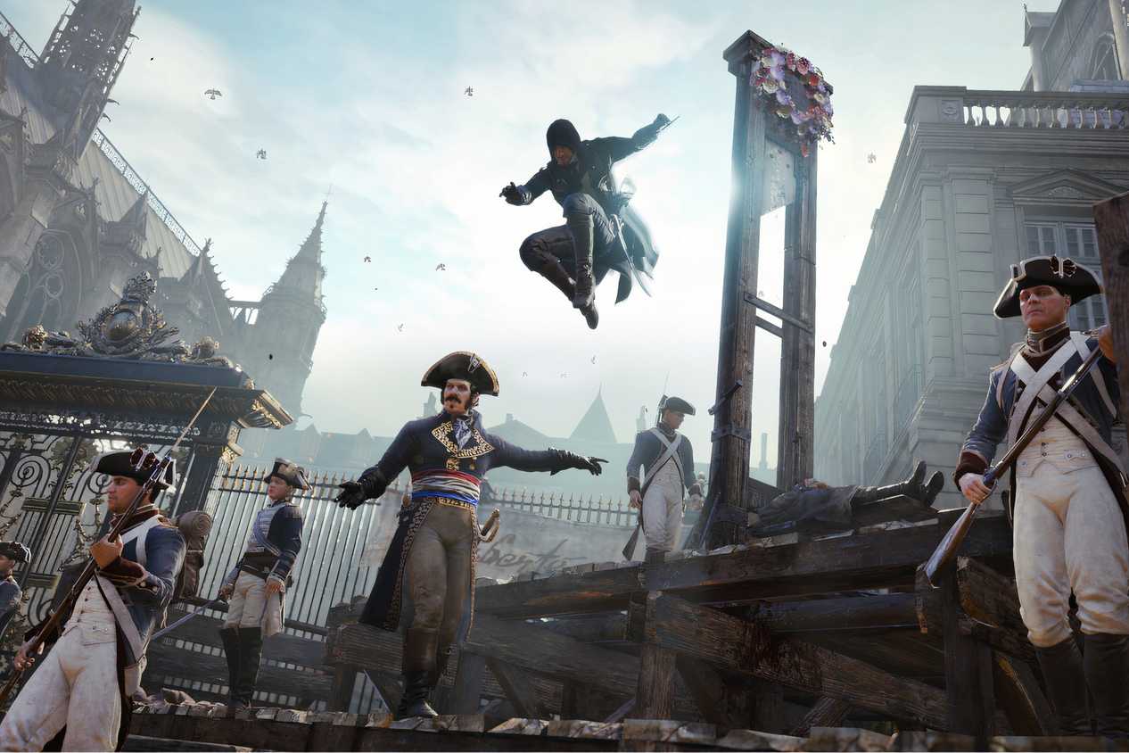 An image from Assassin's Cred Unity, showing an Assassin flying in the air, about to attack a French guard near a guillotine.