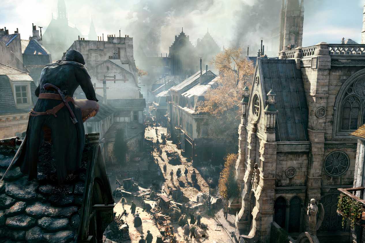 An image from Assassin's Cred Unity, showing an Assassin perched atop a roof, overlooking the streets of 18th century Paris.