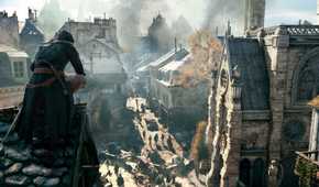 An image from Assassin's Cred Unity, showing an Assassin perched atop a roof, overlooking the streets of 18th century Paris.