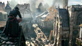 An image from Assassin's Cred Unity, showing an Assassin perched atop a roof, overlooking the streets of 18th century Paris.