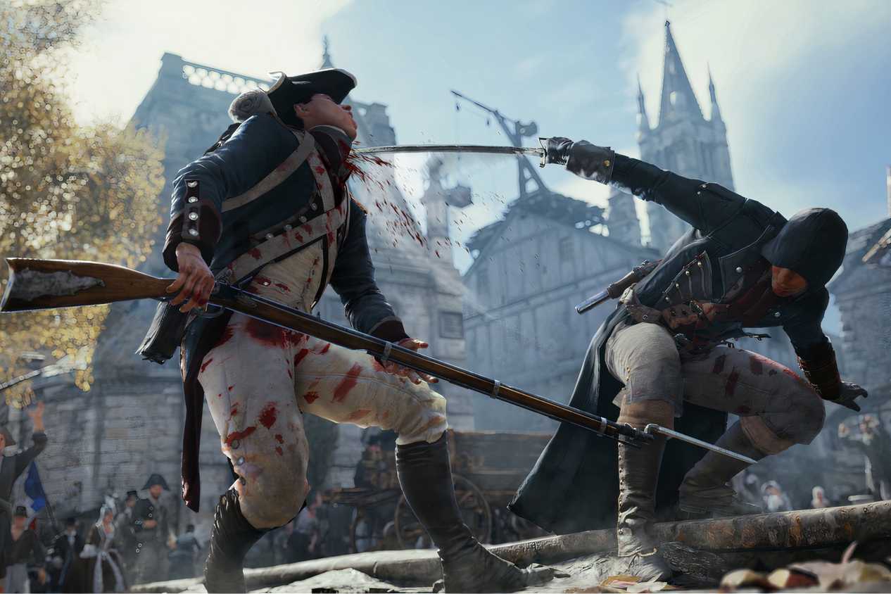 An image from Assassin's Cred Unity, showing an Assassin attack a French guard with a sword.