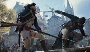An image from Assassin's Cred Unity, showing an Assassin attack a French guard with a sword.