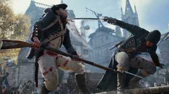 An image from Assassin's Cred Unity, showing an Assassin attack a French guard with a sword.