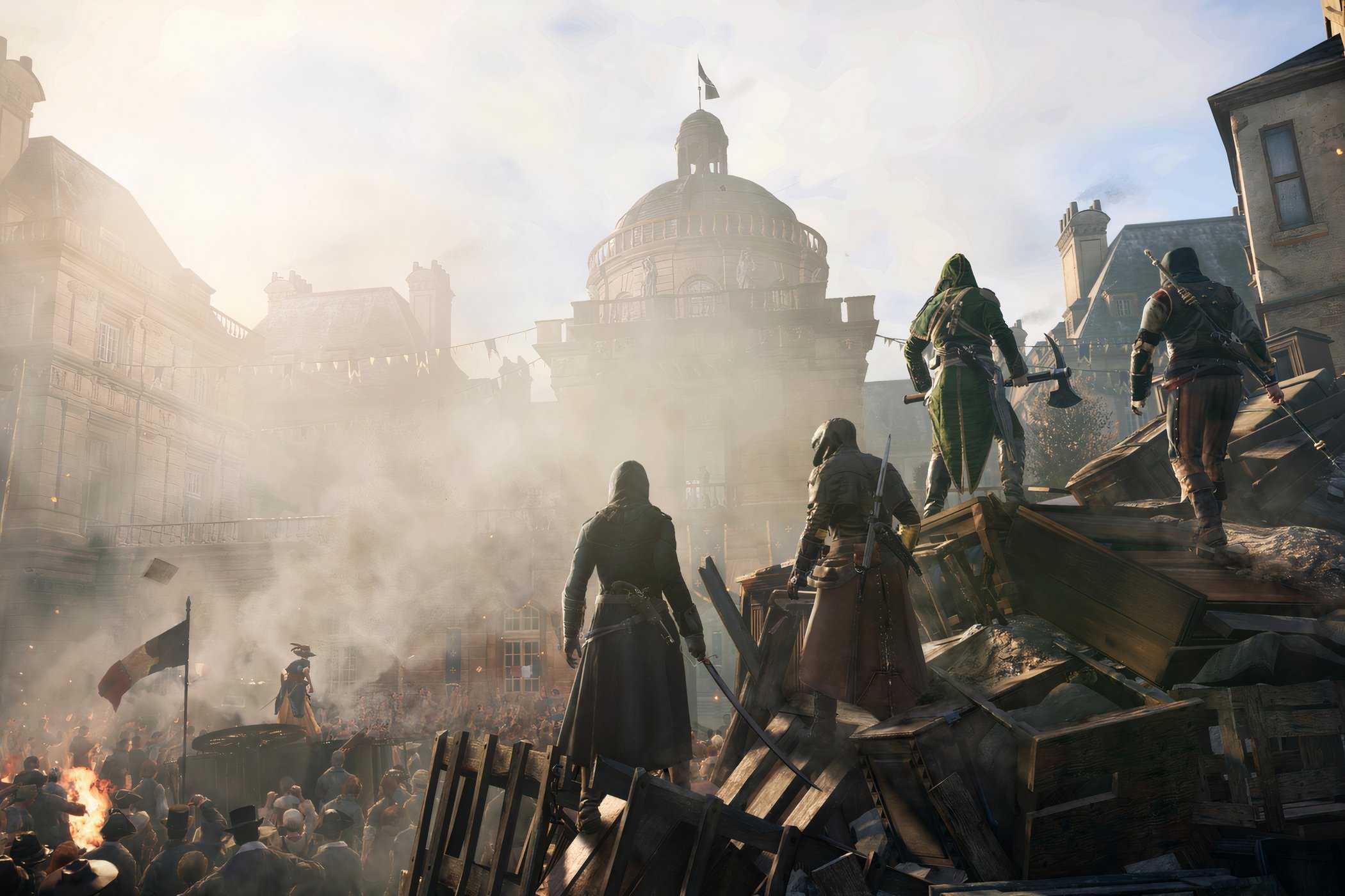 An image from Assassin's Cred Unity, showing four assassins look on at a destroyed, revolting France.