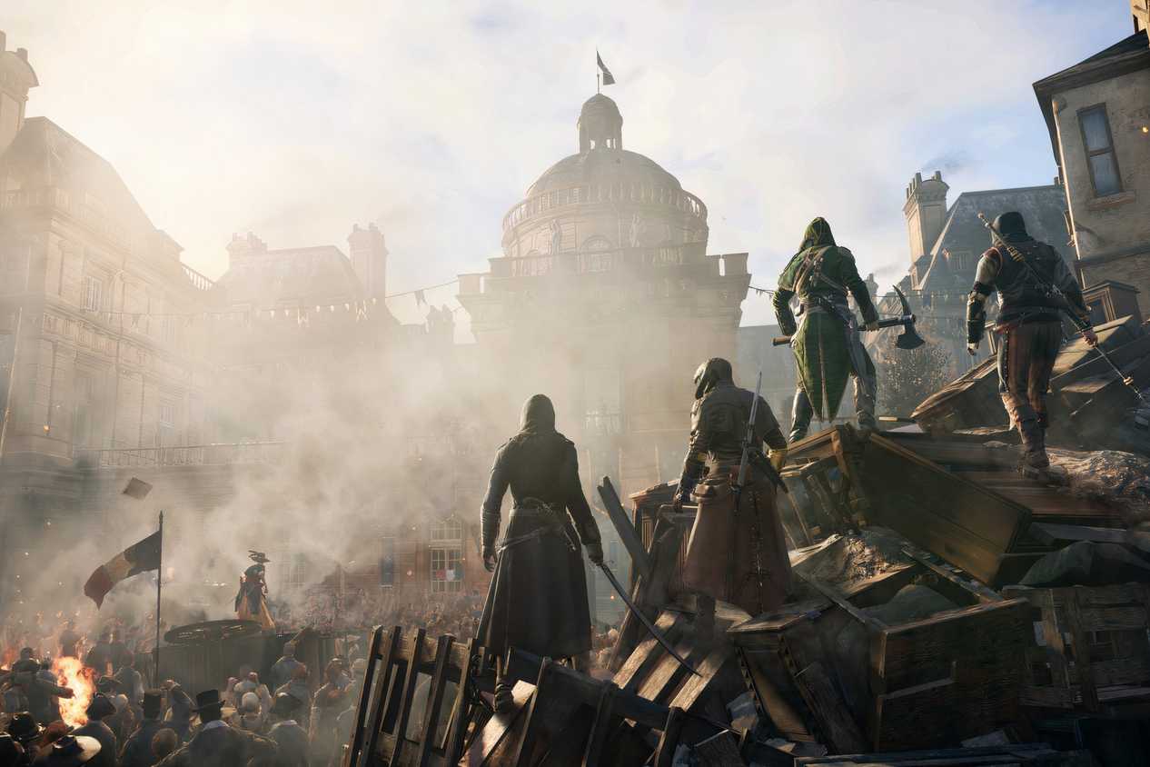 An image from Assassin's Cred Unity, showing four assassins look on at a destroyed, revolting France.