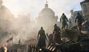 An image from Assassin's Cred Unity, showing four assassins look on at a destroyed, revolting France.
