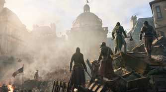 An image from Assassin's Cred Unity, showing four assassins look on at a destroyed, revolting France.