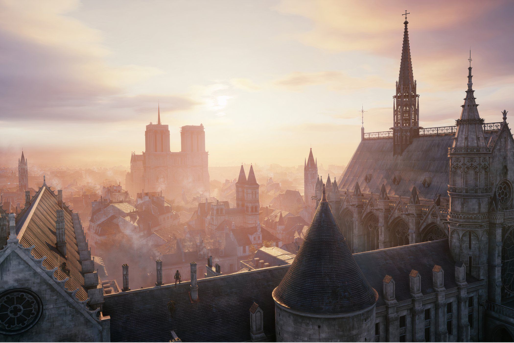 An image from Assassin's Cred Unity, showing the Cathedral of Notre Dame.