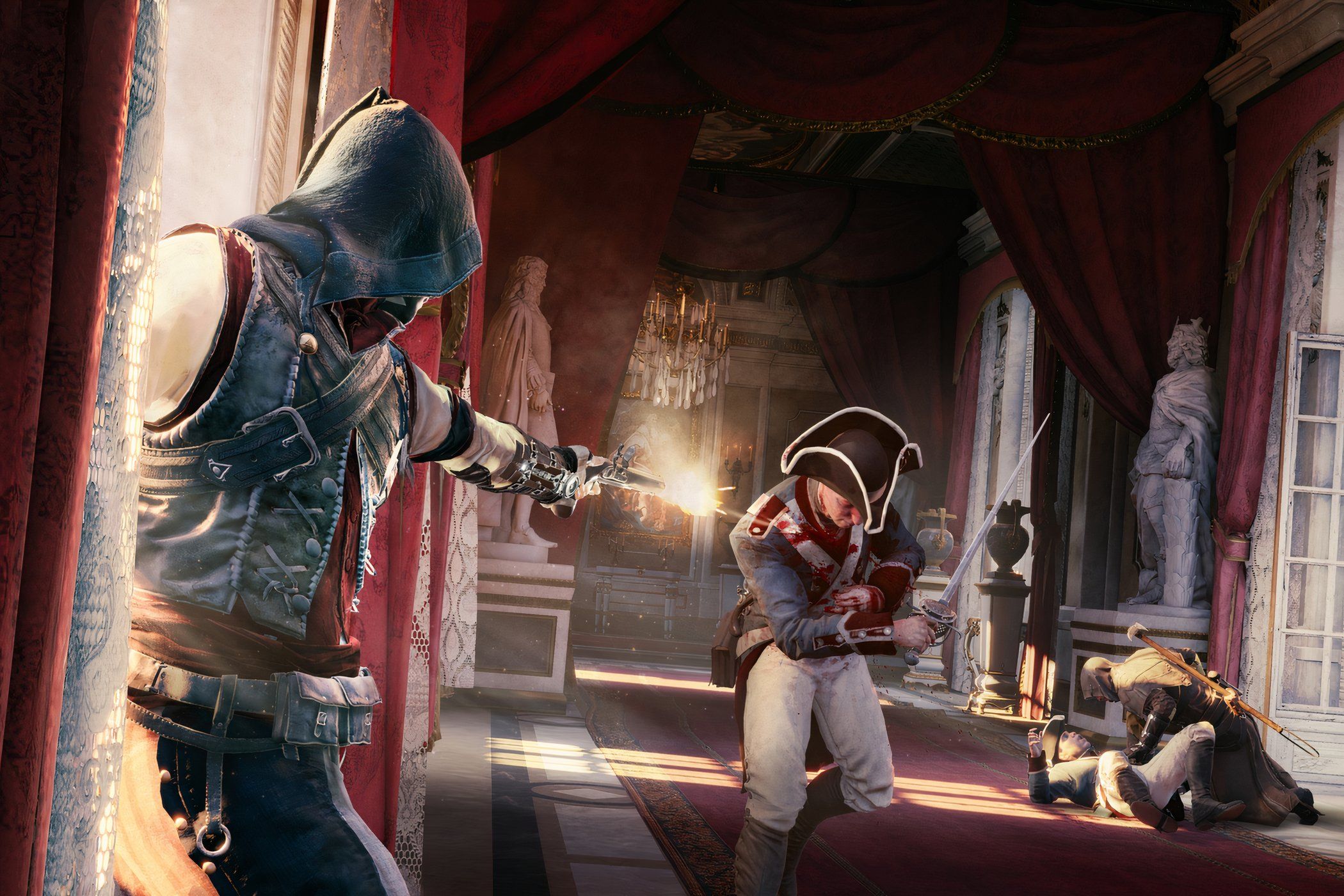 An image from Assassin's Cred Unity, showing an Assassin shoot a French guard.