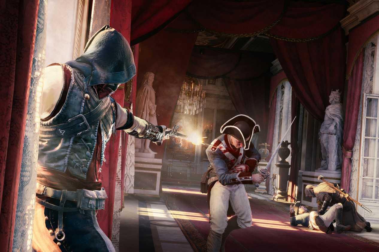An image from Assassin's Cred Unity, showing an Assassin shoot a French guard.