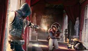 An image from Assassin's Cred Unity, showing an Assassin shoot a French guard.