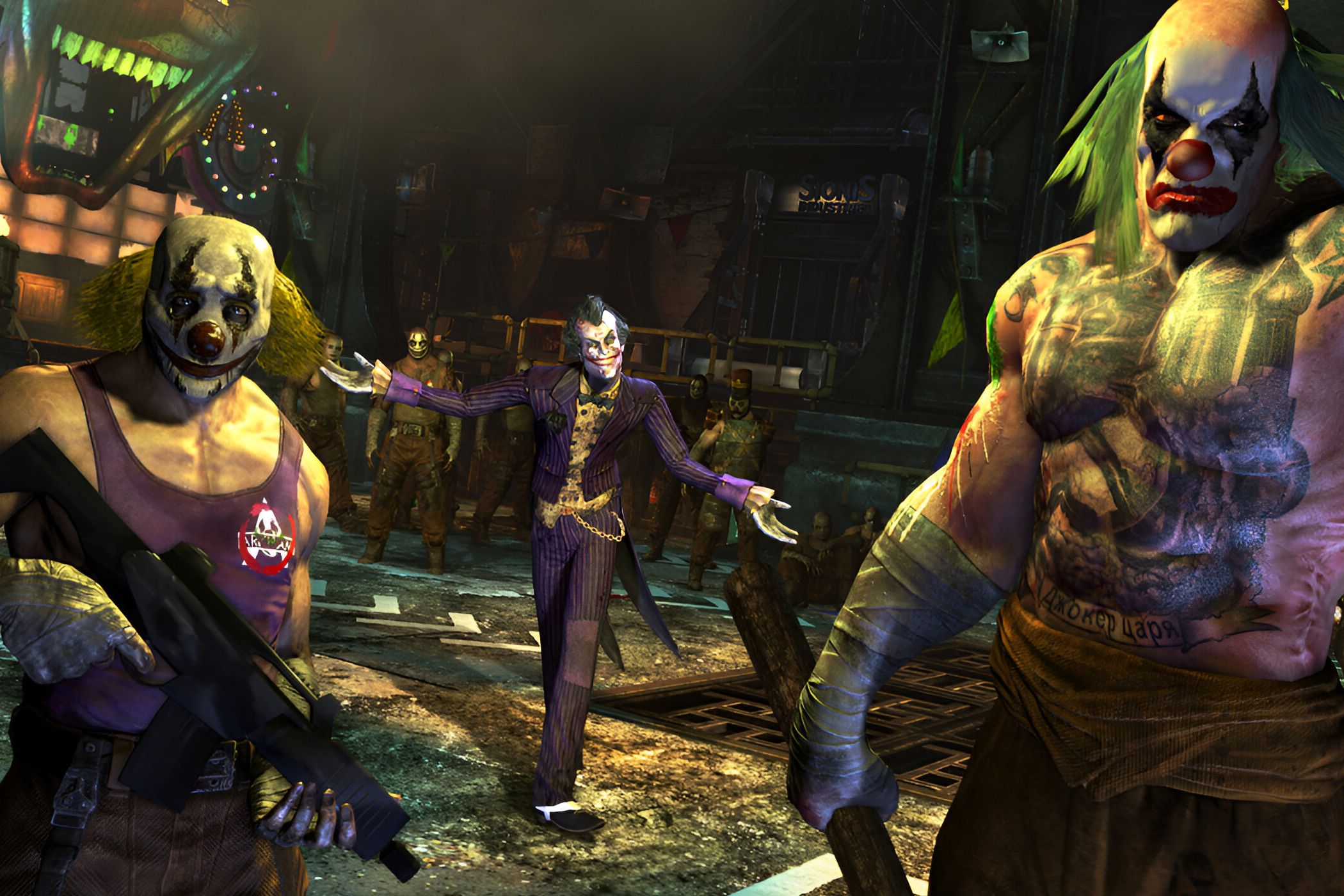 An image from the game "Batman: Arkham City", showing the Joker standing in a purple suit while two clown henchmen stand in front of him.