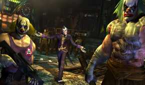 An image from the game "Batman: Arkham City", showing the Joker standing in a purple suit while two clown henchmen stand in front of him.