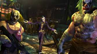 An image from the game "Batman: Arkham City", showing the Joker standing in a purple suit while two clown henchmen stand in front of him.
