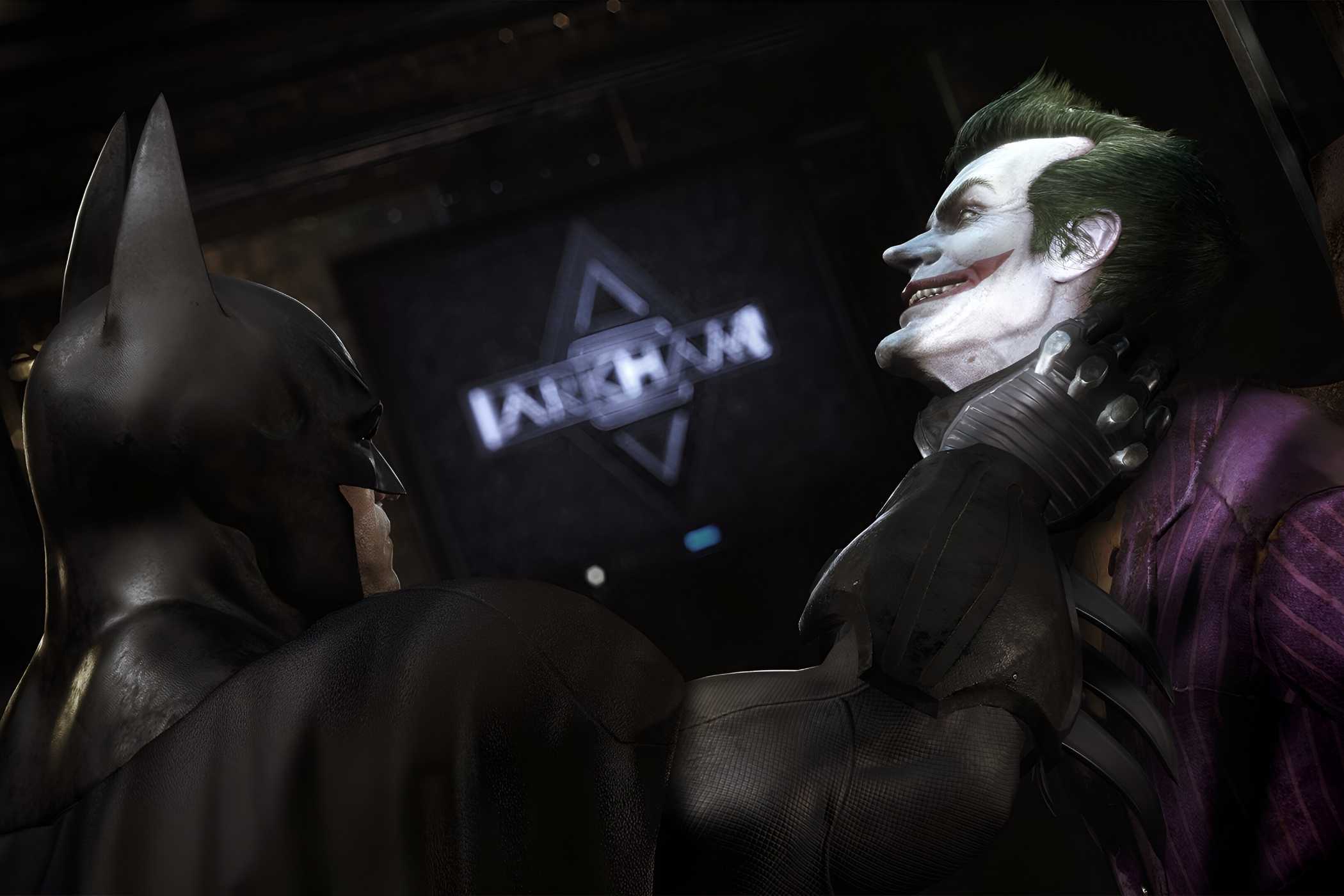 An image from the game "Batman: Arkham City", showing the Batman lift the Joker up by his neck.