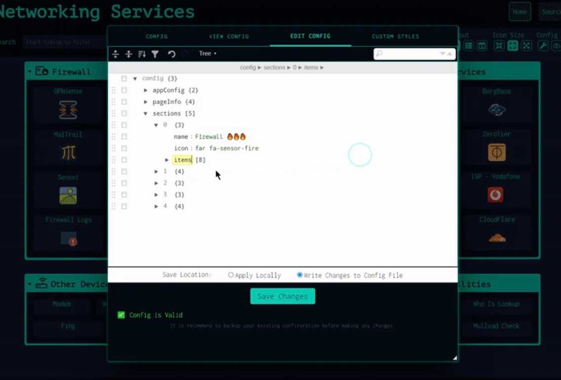 A screenshot of GUI to edit different items on a Dashy dashboard