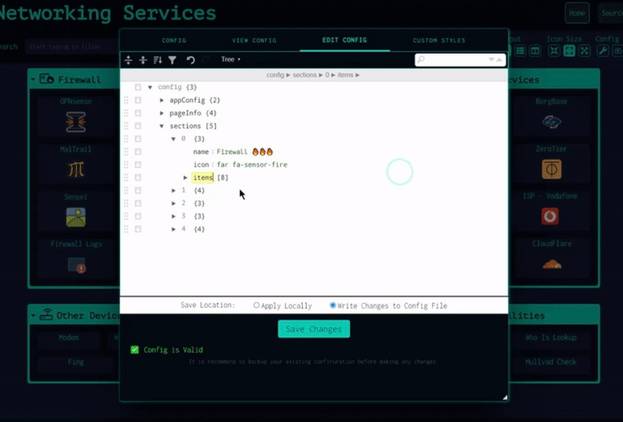 A screenshot of GUI to edit different items on a Dashy dashboard