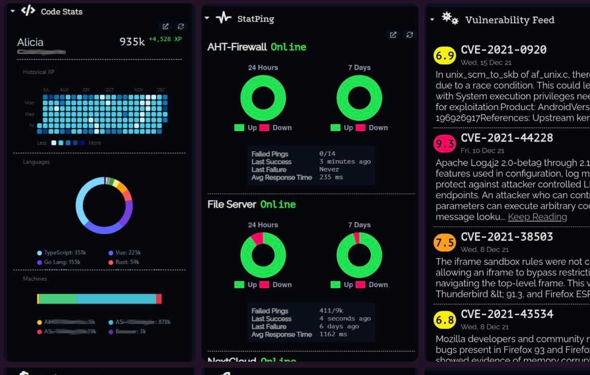 A screenshot of Dashy Widgets' home screen showing system status and news
