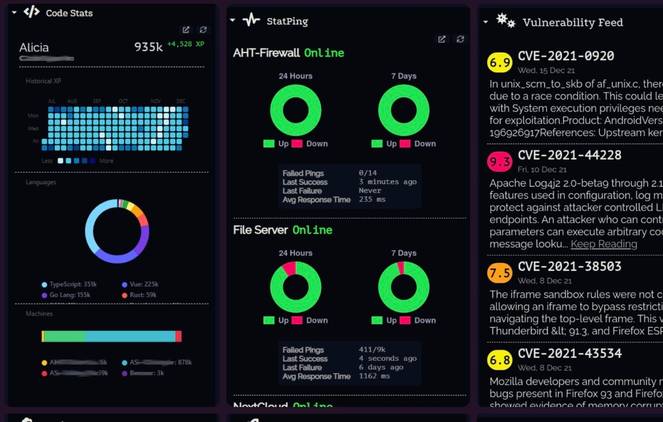 A screenshot of Dashy Widgets' home screen showing system status and news