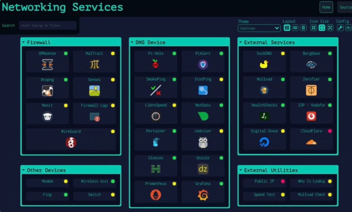 A screenshot of Dashy dashboard showing several self-hosted app in group folders