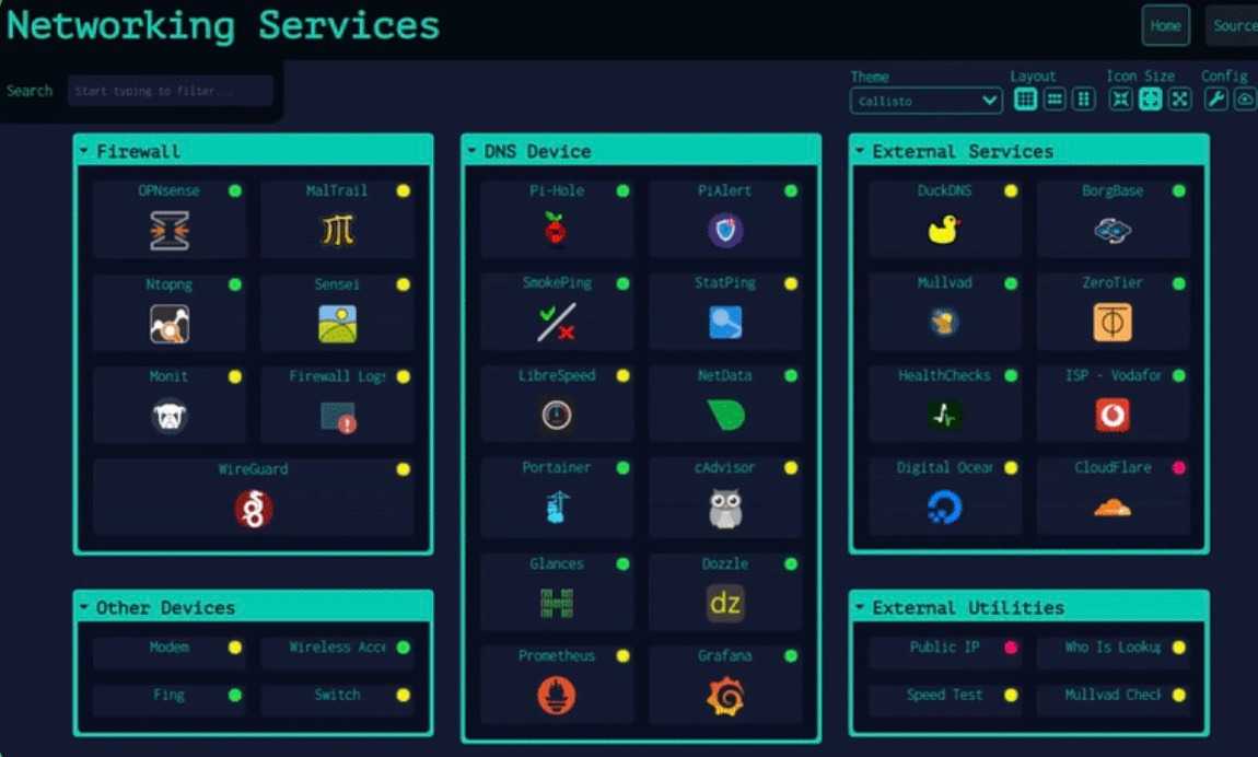 A screenshot of Dashy dashboard showing several self-hosted app in group folders