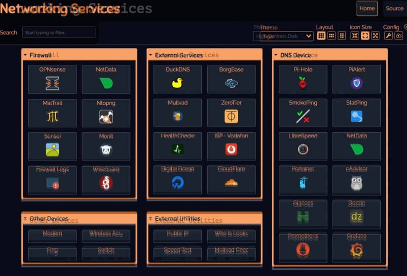 A screenshot of Dashy dashboard showing a collection of self-hosted services