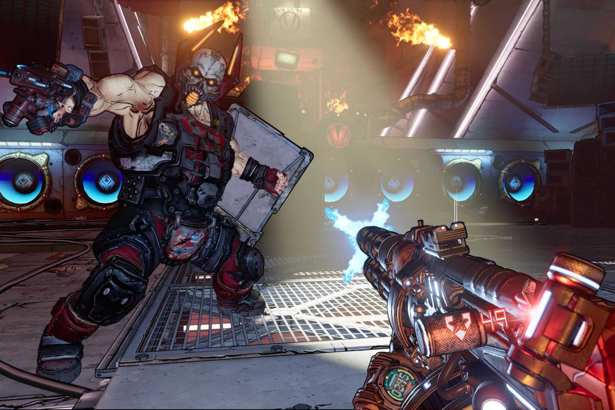 Borderlands 3 player shooting at beatbox boss