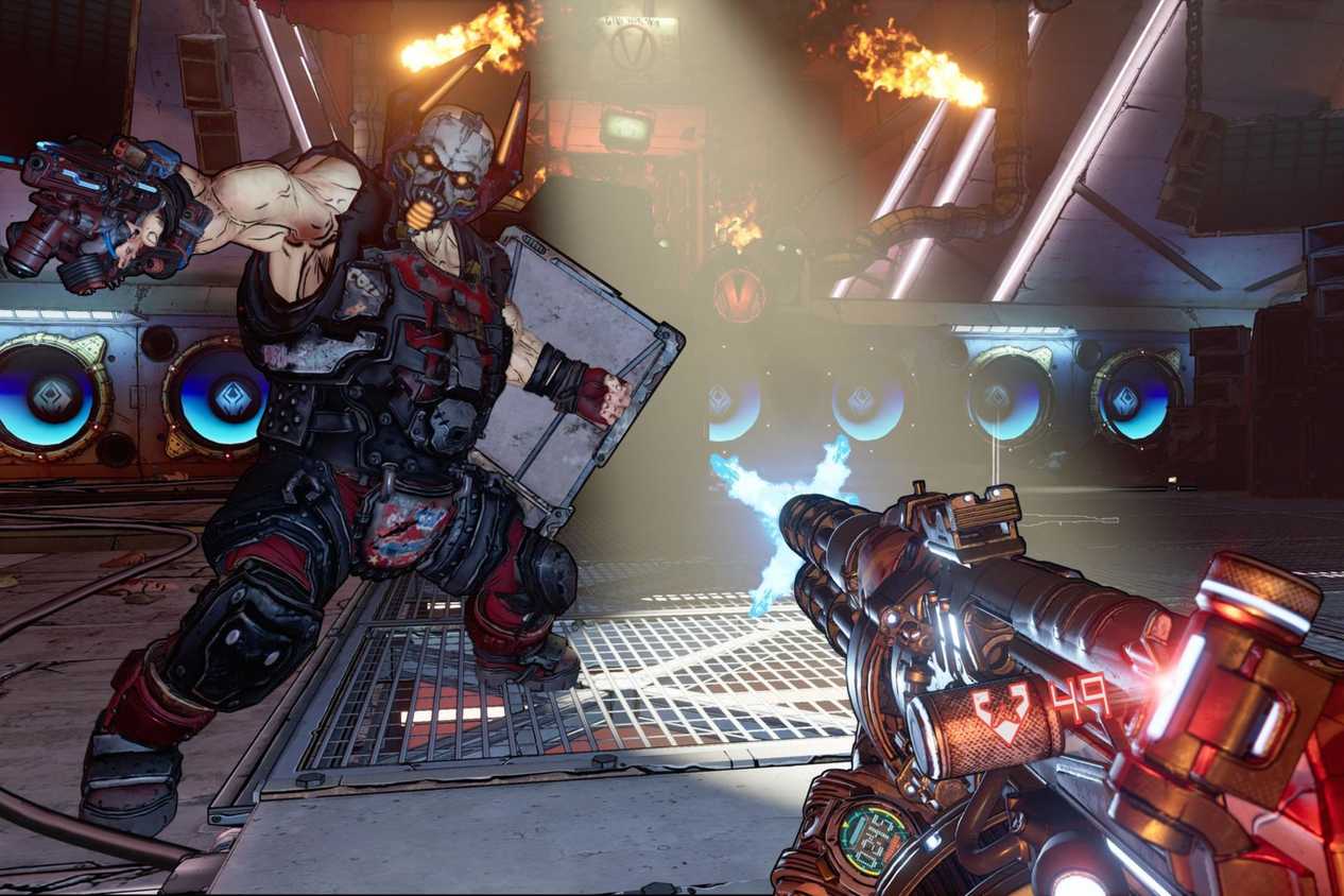 Borderlands 3 player shooting at beatbox boss