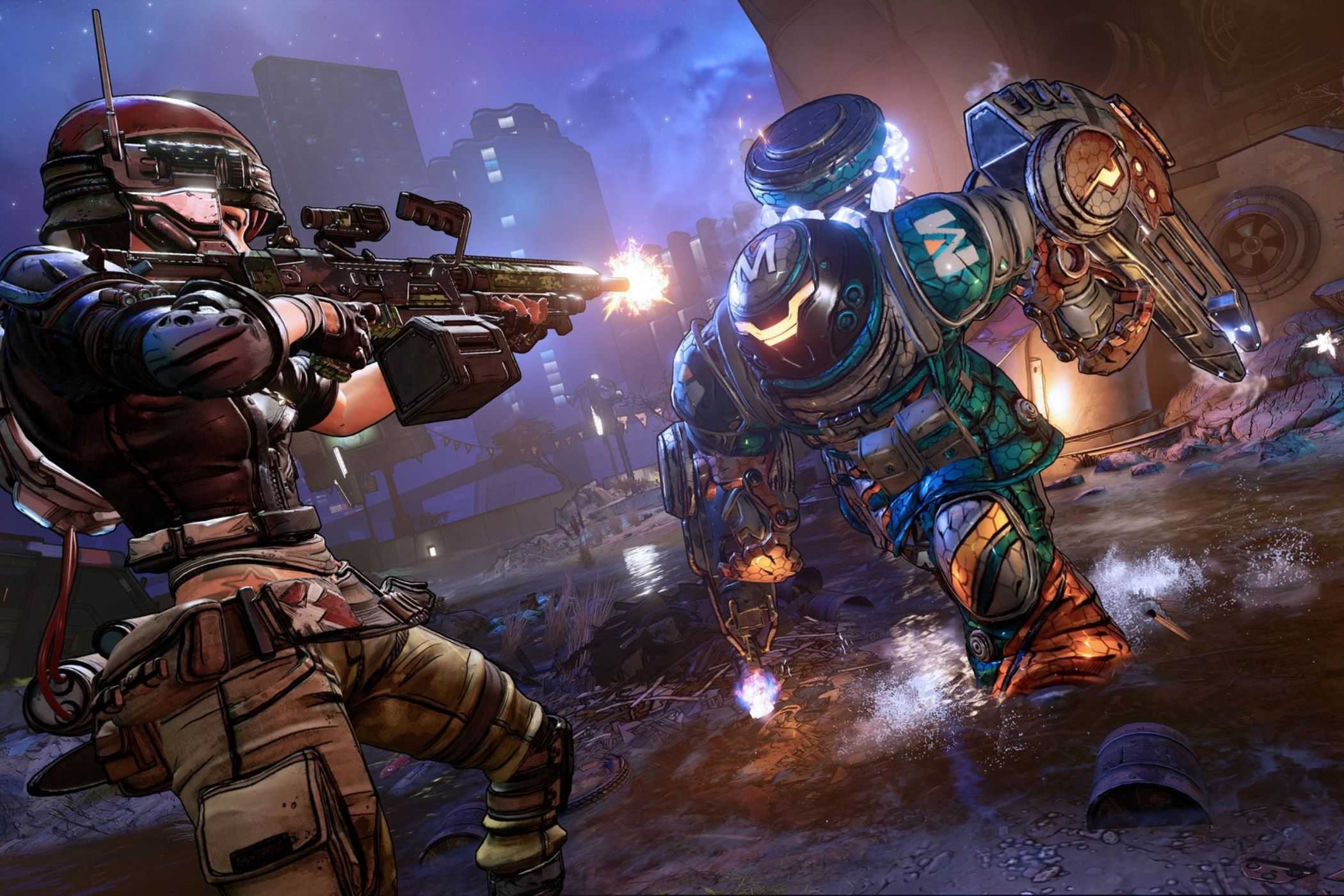 Borderlands 3 Moze shooting at Captain Traunt