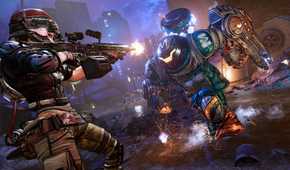 Borderlands 3 Moze shooting at Captain Traunt