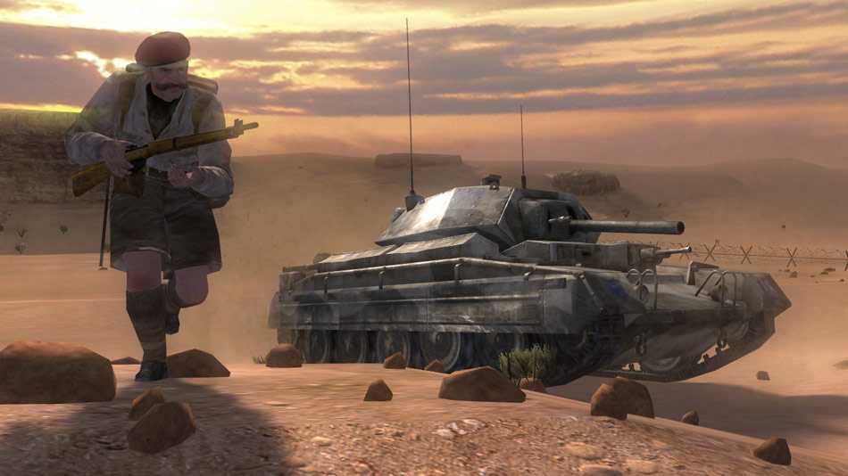 Screenshot from Call of Duty 2 video game of a soldier running with a tank behind him in a desert setting.