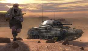 Screenshot from Call of Duty 2 video game of a soldier running with a tank behind him in a desert setting.