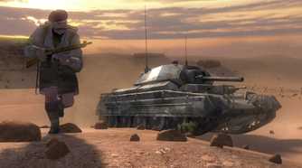 Screenshot from Call of Duty 2 video game of a soldier running with a tank behind him in a desert setting.