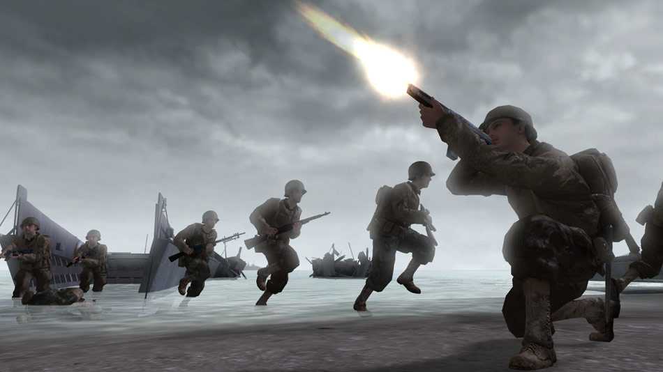 Screenshot from Call of Duty 2 video game of soldiers in World War II on D-Day