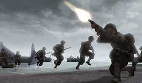 Screenshot from Call of Duty 2 video game of soldiers in World War II on D-Day