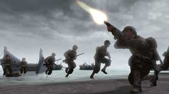 Screenshot from Call of Duty 2 video game of soldiers in World War II on D-Day