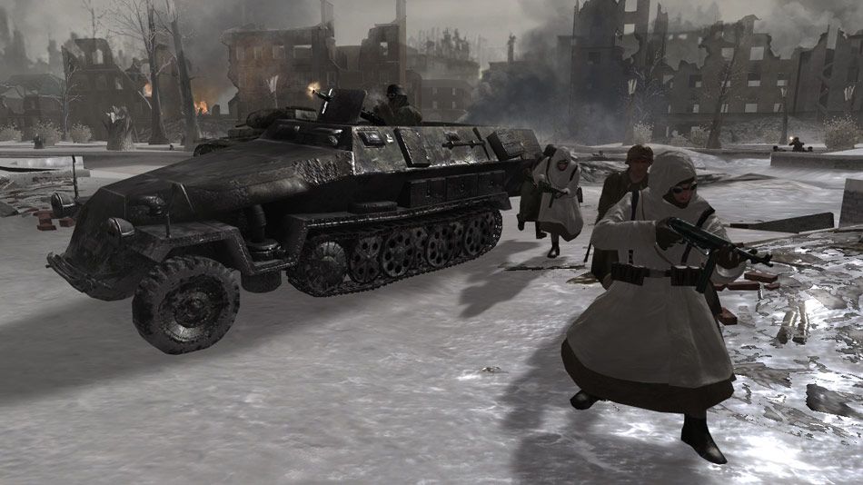 Screenshot from Call of Duty 2 video game of soldiers fighting in cold weather around a tank