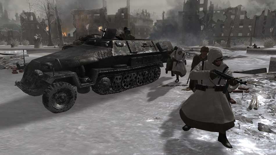 Screenshot from Call of Duty 2 video game of soldiers fighting in cold weather around a tank