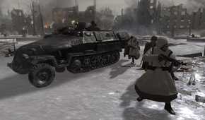 Screenshot from Call of Duty 2 video game of soldiers fighting in cold weather around a tank