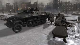 Screenshot from Call of Duty 2 video game of soldiers fighting in cold weather around a tank