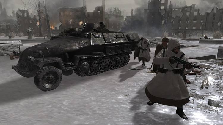 Screenshot from Call of Duty 2 video game of soldiers fighting in cold weather around a tank