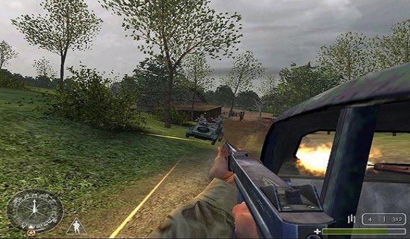 Screenshot from Call of Duty of man shooting weapon outside a vehicle in grassy area.