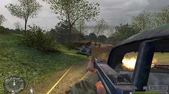 Screenshot from Call of Duty of man shooting weapon outside a vehicle in grassy area.