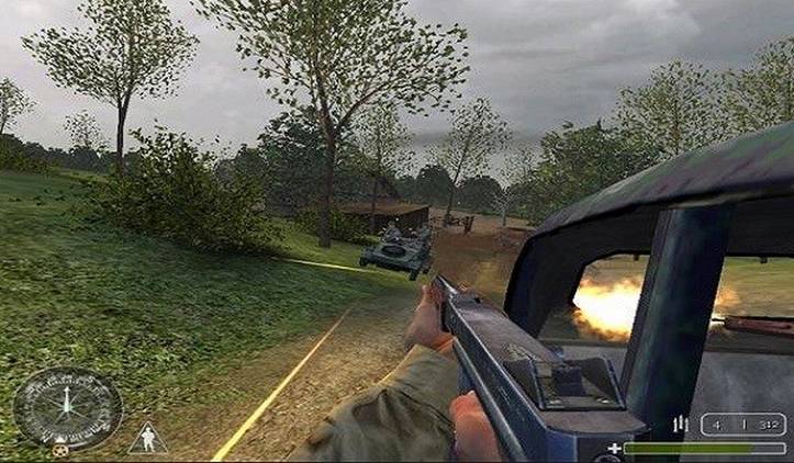 Screenshot from Call of Duty of man shooting weapon outside a vehicle in grassy area.