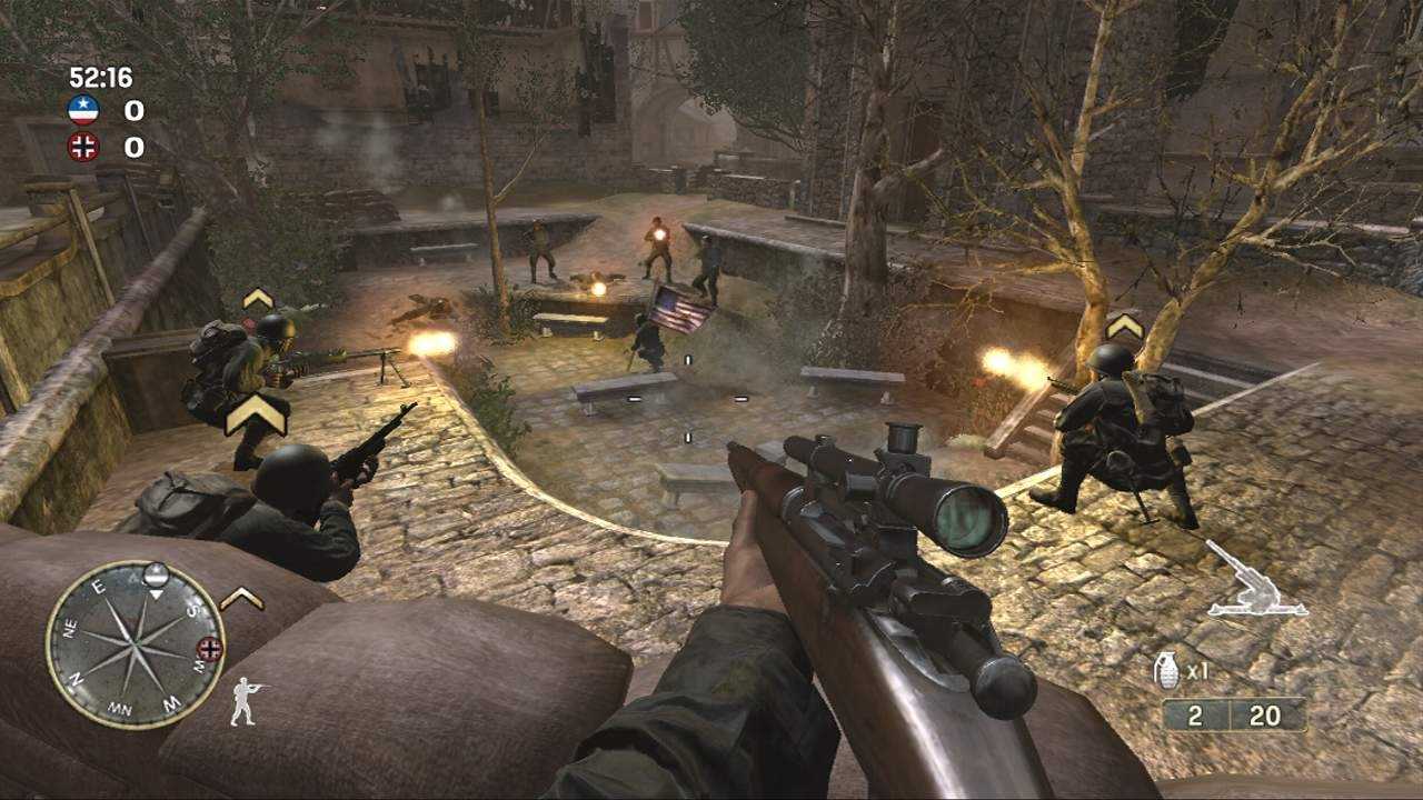 Screenshot from Call of Duty 3 video game of a firefight in a multiplayer mode between World War II soldiers.