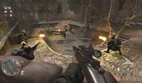 Screenshot from Call of Duty 3 video game of a firefight in a multiplayer mode between World War II soldiers.