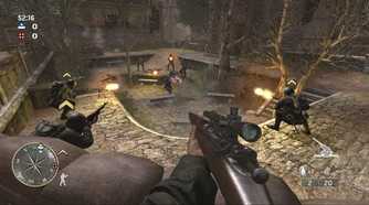 Screenshot from Call of Duty 3 video game of a firefight in a multiplayer mode between World War II soldiers.