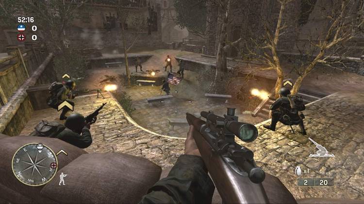 Screenshot from Call of Duty 3 video game of a firefight in a multiplayer mode between World War II soldiers.